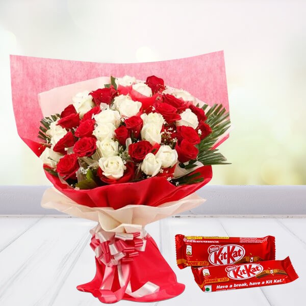White N Red Roses With Kitkat Chocolate